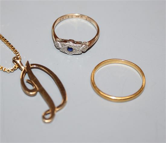 A 22ct gold wedding ring, a 9ct gold initial D pendant on chain an Art Deco style ring